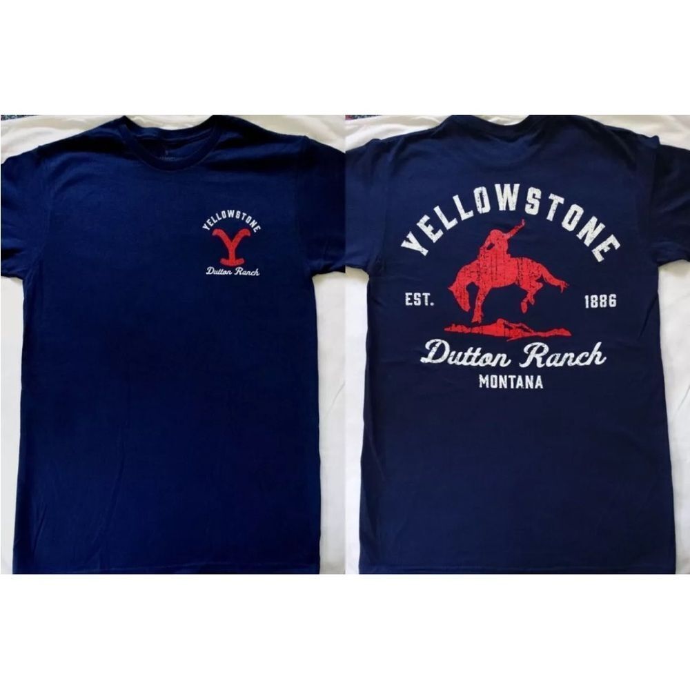 Mens Yellowstone Dutton Ranch T-Shirt 2XL Navy Blue Double Sided Graphic Tee XXL